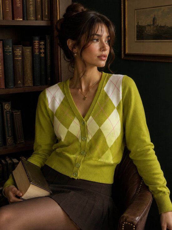 #preppy #darkacademia #argyle #coquette #academia Sweaters - Green Argyle Button Front Cardigan Sweater Preppy Dark Academia